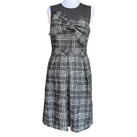 Trina Turk Black White Tweed Plaid Sheer Neck Bow Dress Size 4 - Picture 1 of 7